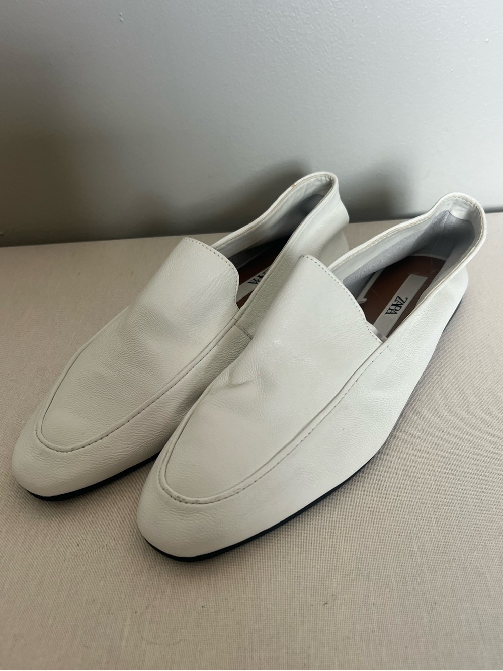 Zara White Soft Leather Loafers
